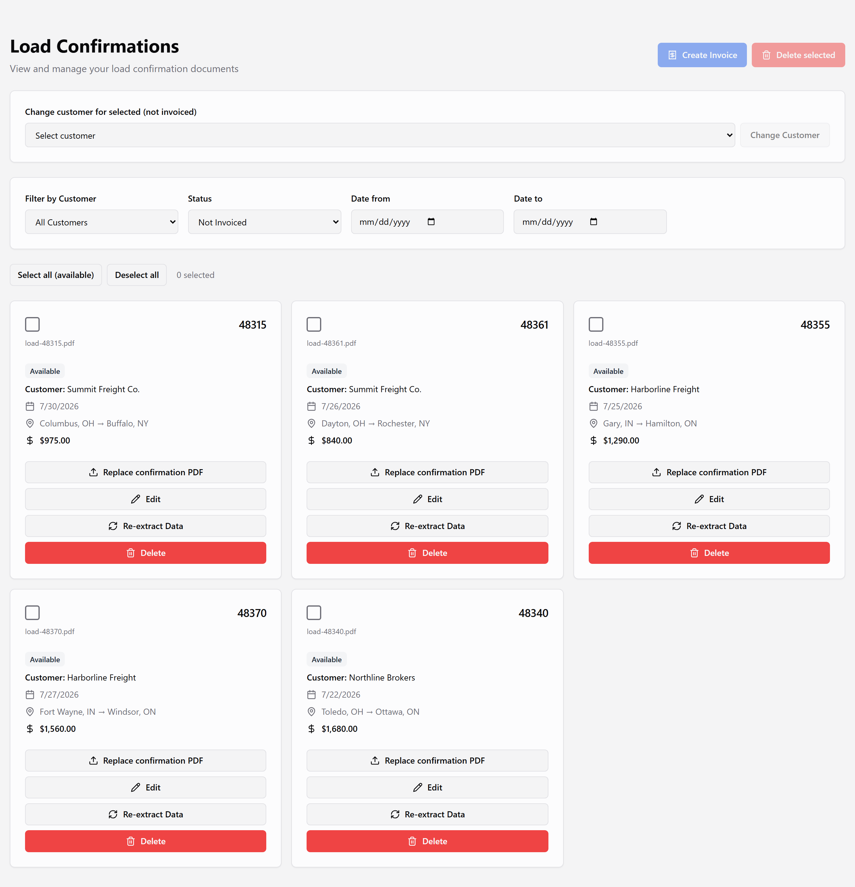 LoadCan workspace showing load confirmations ready for invoicing