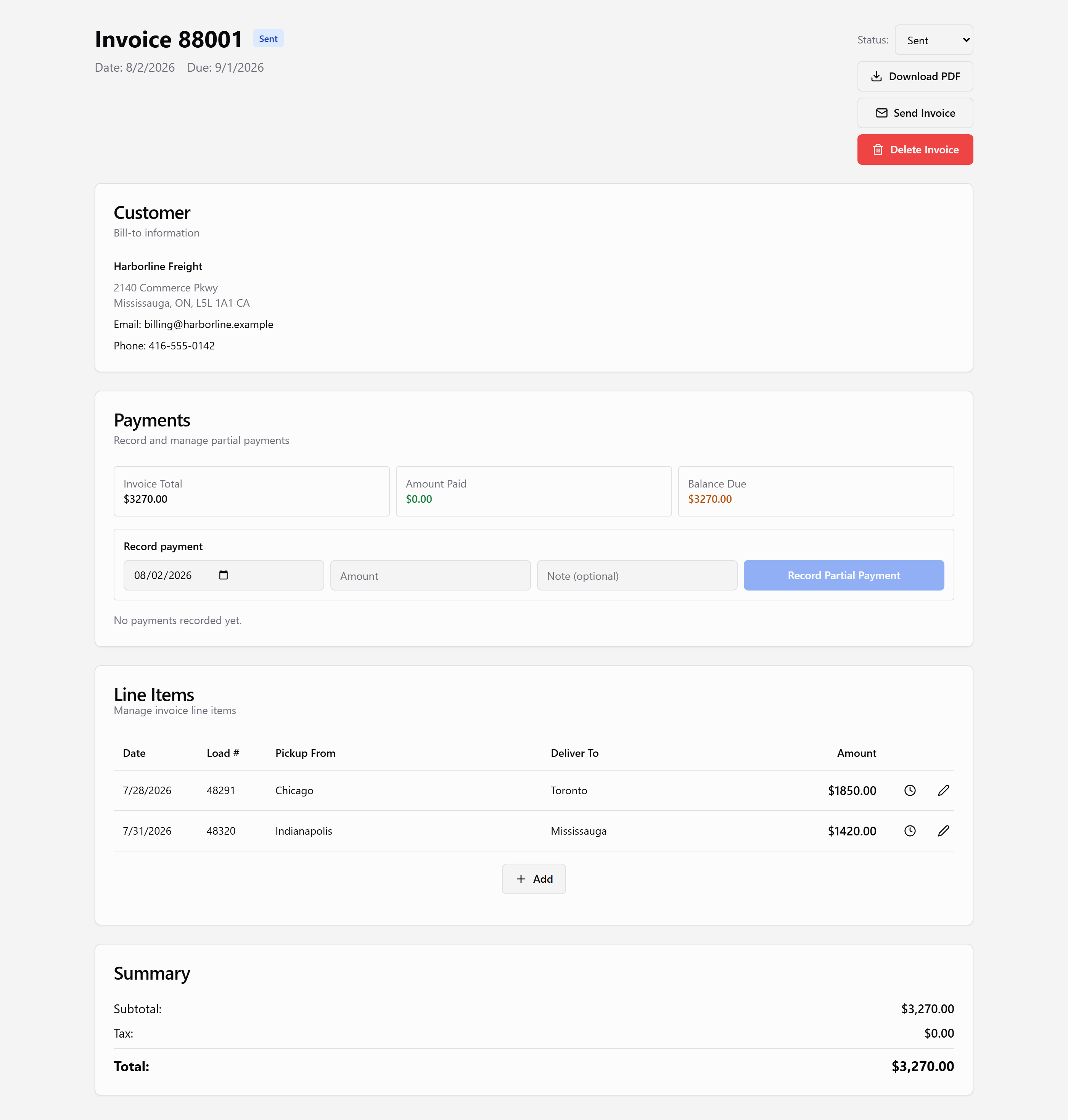 Invoice detail with line items and totals
