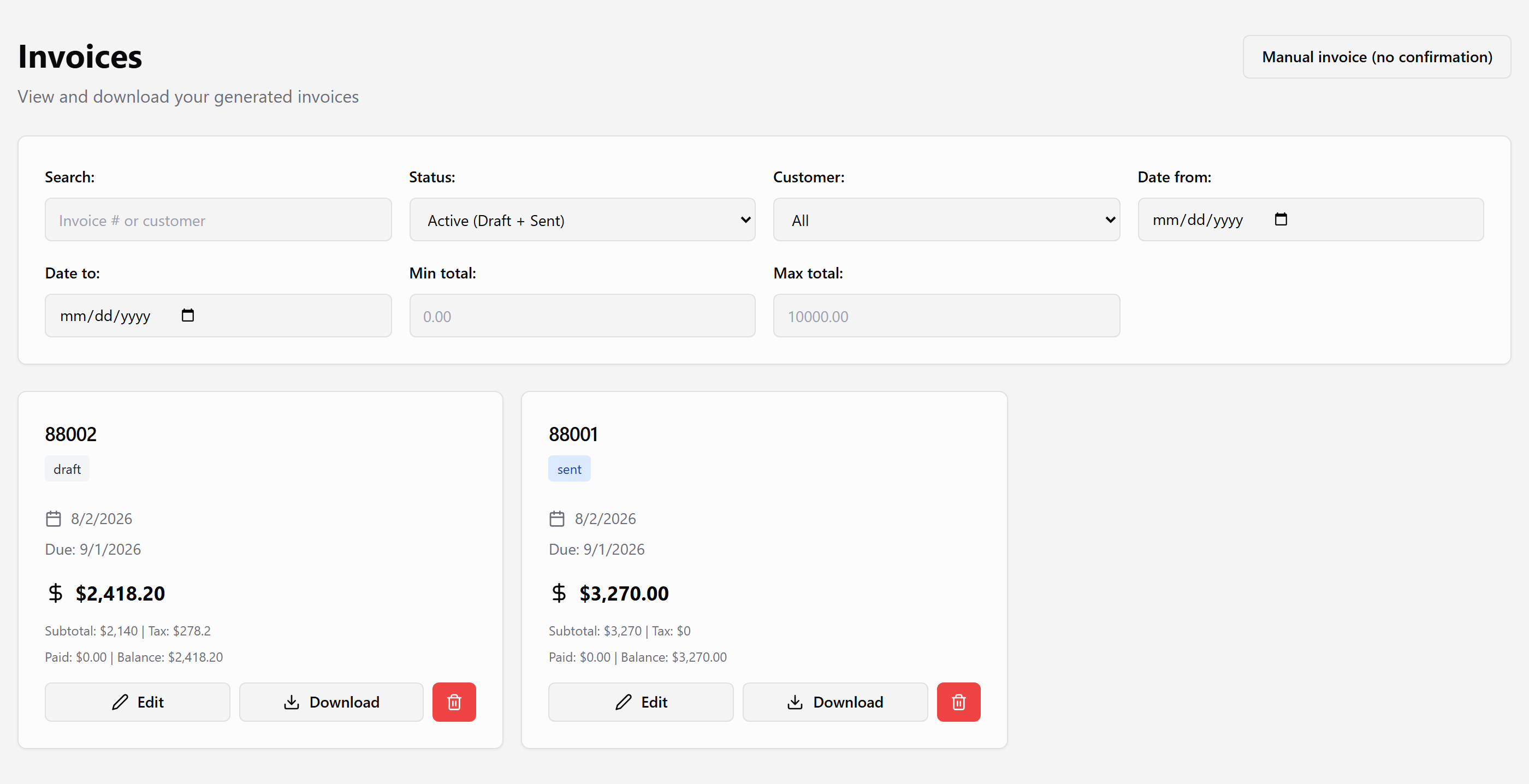 Invoices list filtered by status