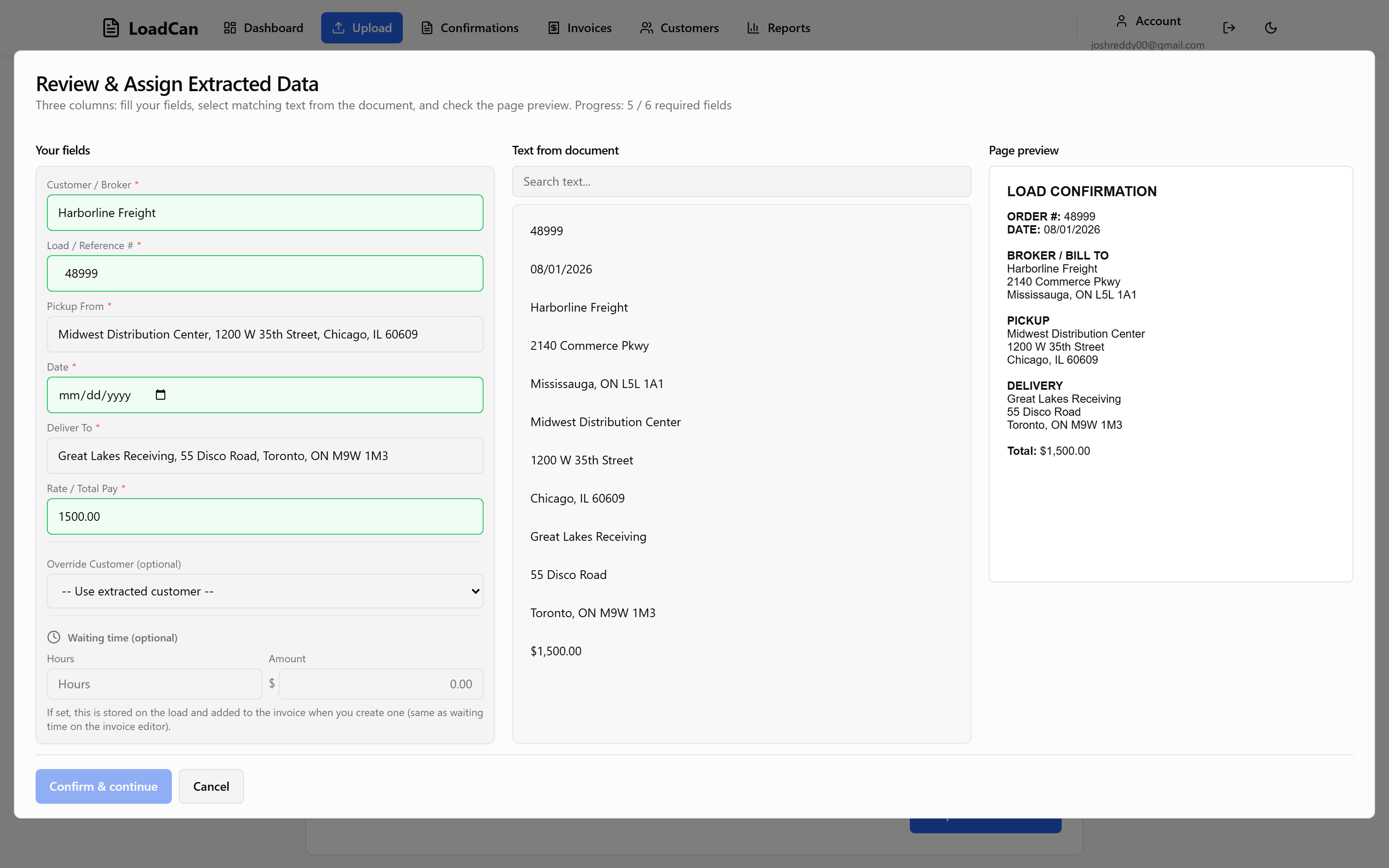 Field review with filled company names and selectable document text