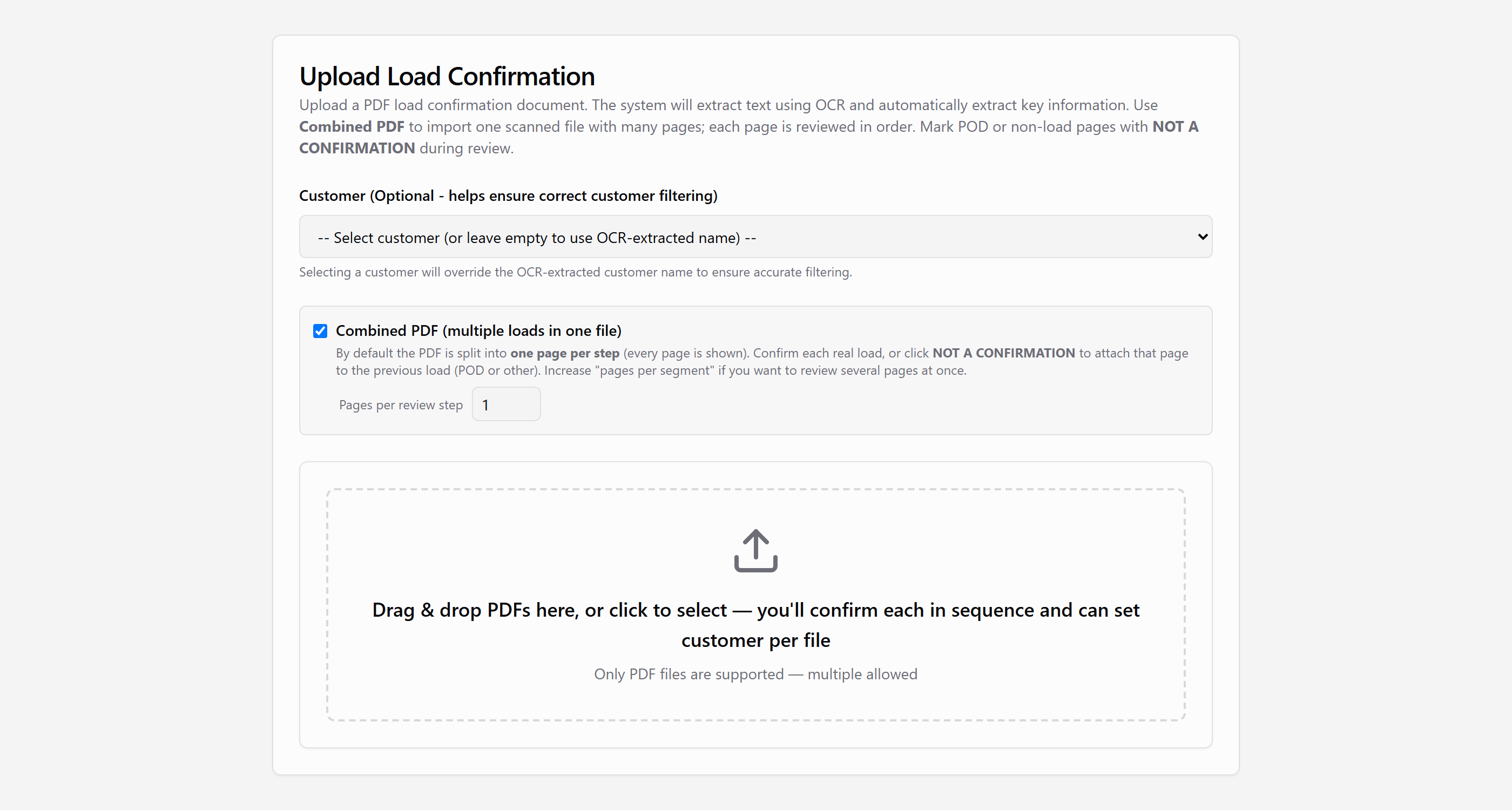 Upload screen with combined PDF and pages-per-load options